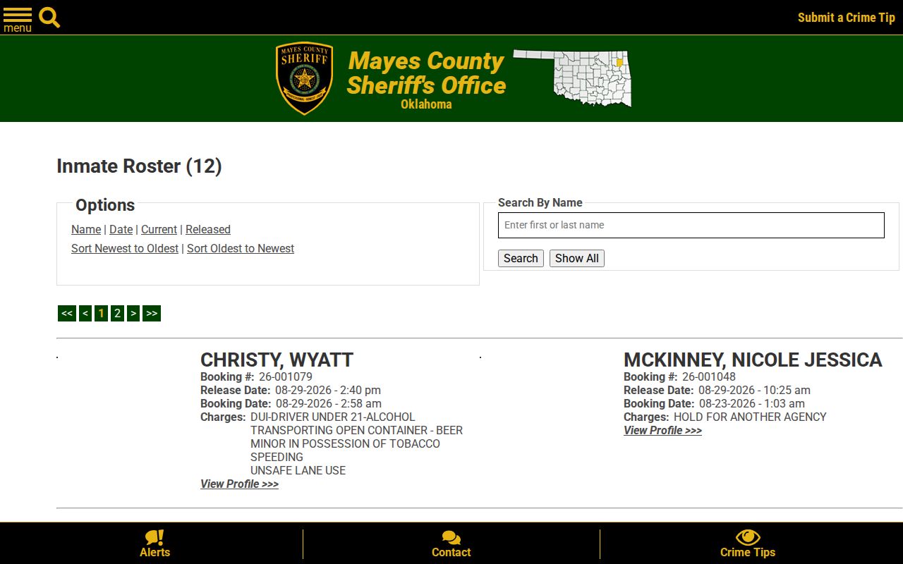 Mayes County Detention Center released booking results interface