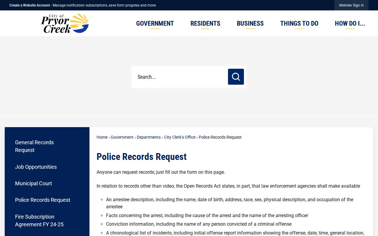Pryor Creek Police records request source for Mayes County arrest records